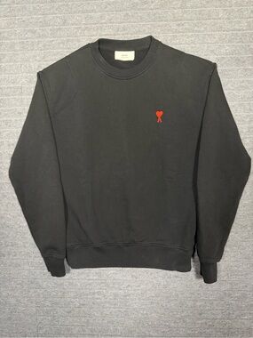 Ami Alexandre Mattiussi Black Crewneck with Red Heart Motif